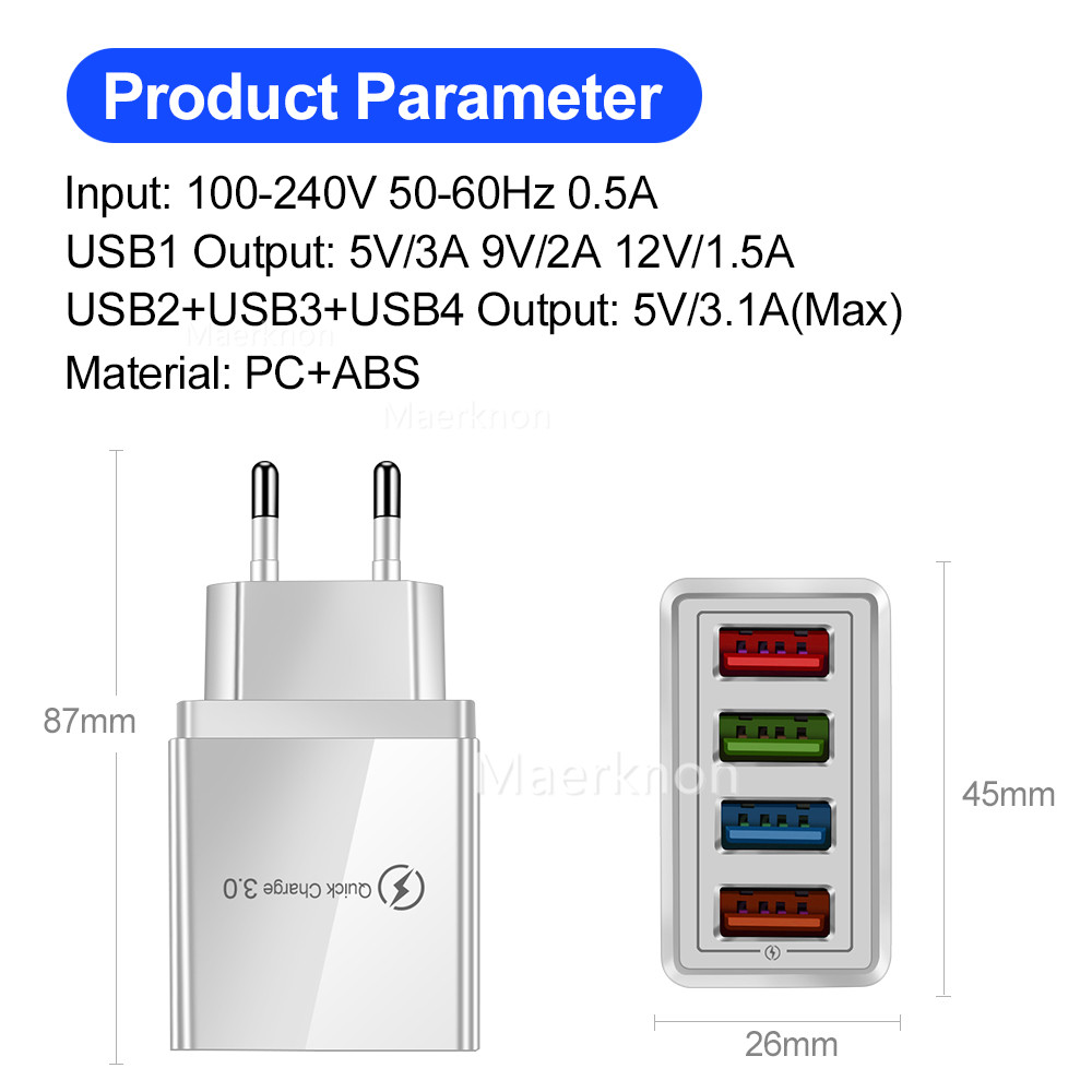 4 USB Fast Charging Head EU/US - Travel Accessories Inc 评论和价格
